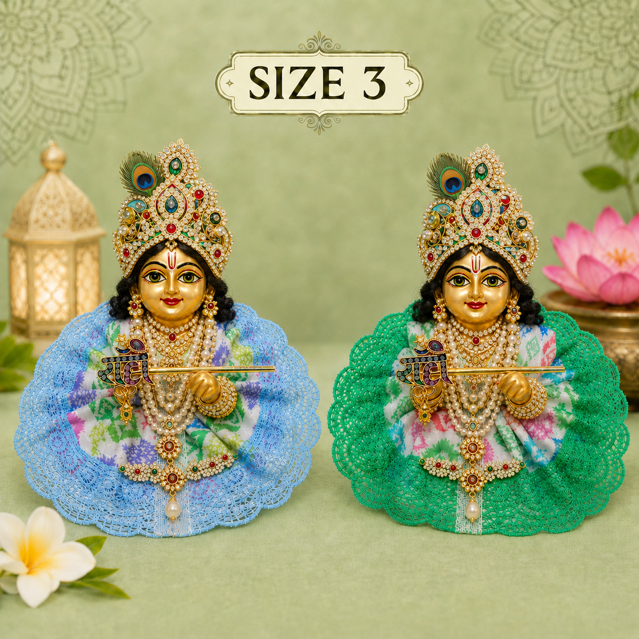 Laddu Gopal 2 Dresses , Color Green & Sky Blue , with Free Radha print murli Dress